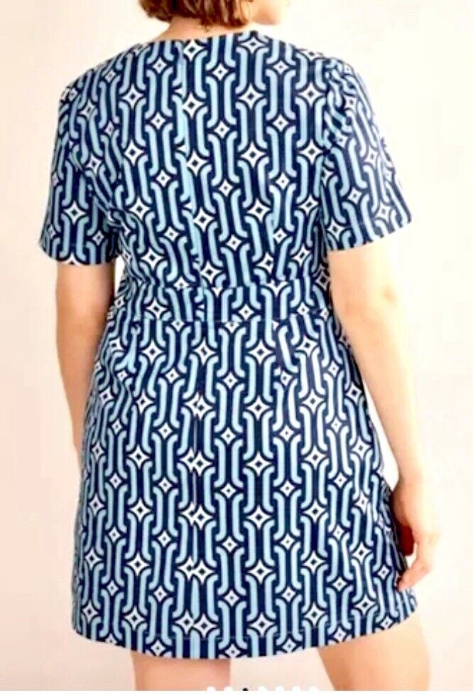 Boden Blue Geometric Chain Link Dress Cotton Shift Dress Retail $98 20-22 L NWT