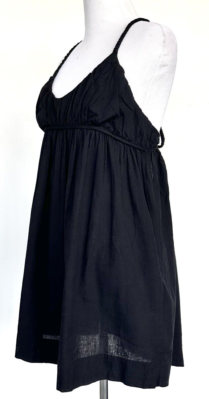 Free People Black Linen Mix Boho Festival Dress $68 XS Cross Over Back Ruched