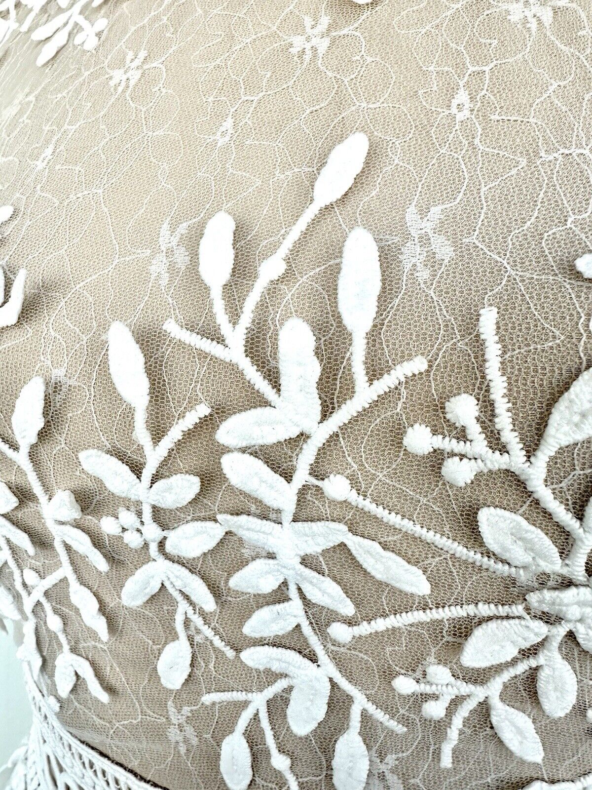 Ivy City White & Nude Embroidered Sicily Dress Three Layered. XS Flutter Sleeve