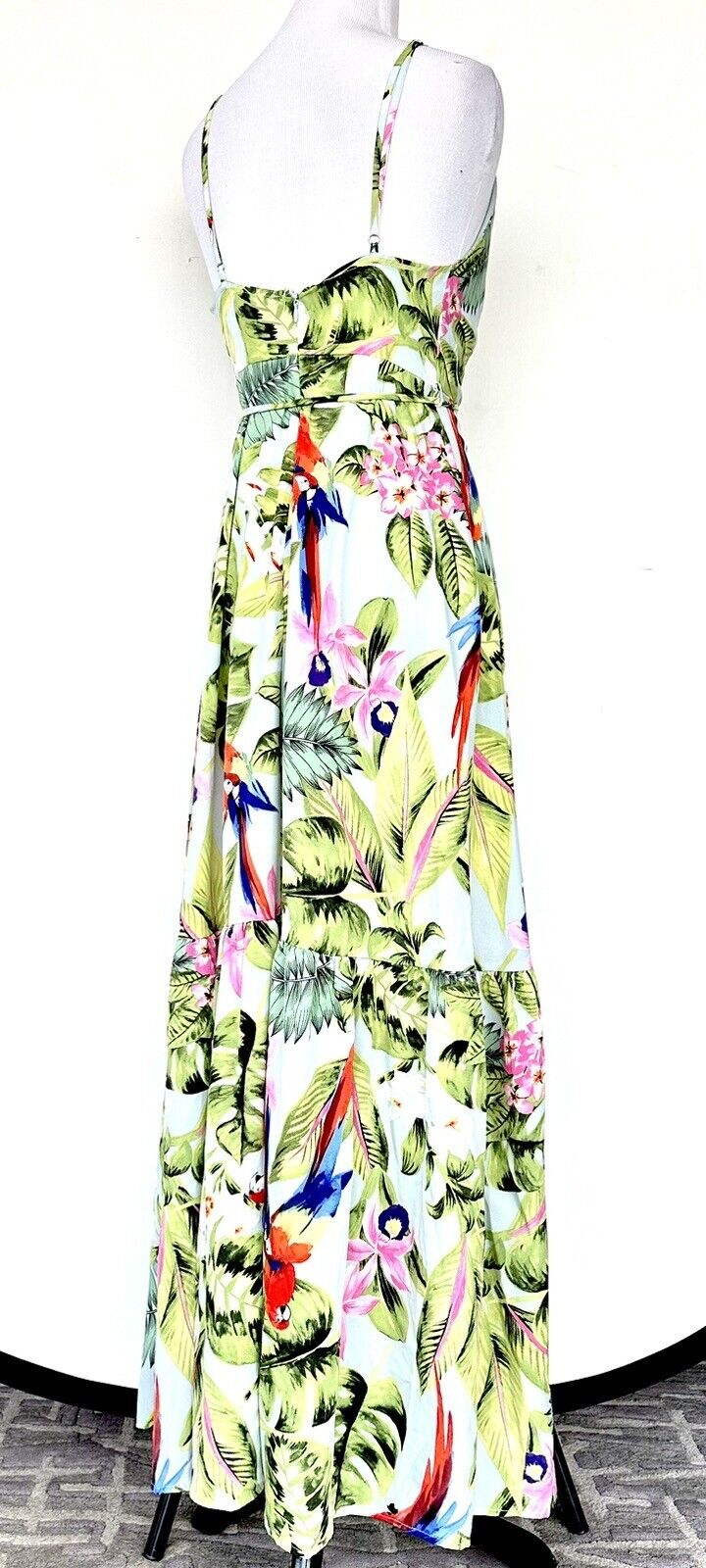 AaKaa Sage Exotic Getaway Tropical Print Maxi Dress Small Price $55