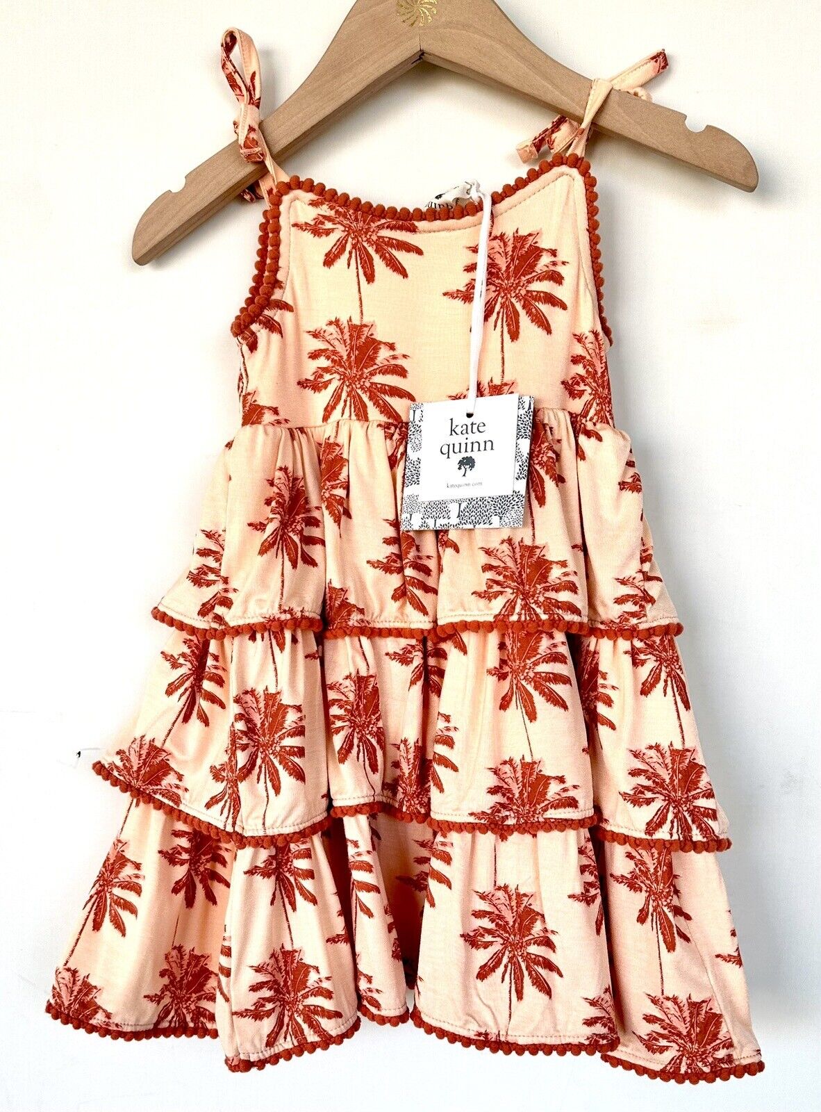 Kate Quinn Ruffle Tier Pom Pom Dress Peach Palm $33 3-6M NEW Bamboo