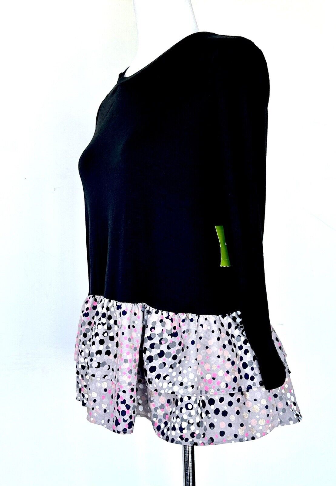 Kate Spade Black Top W/Ruffle Metallic Gold Silver Pink Spot Retail $119 XS