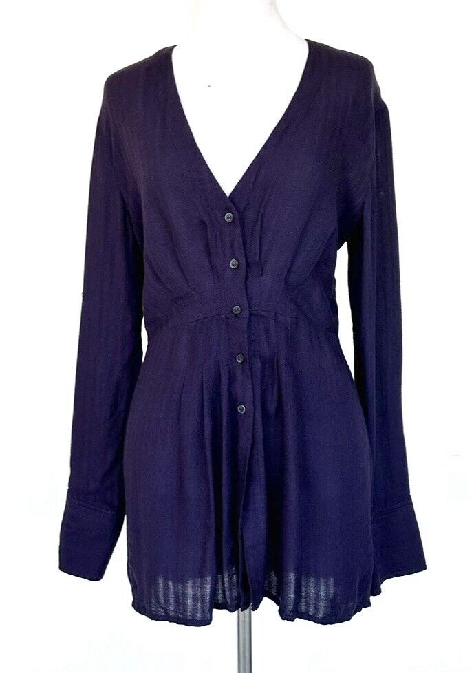 Free People Womens Belted Button Down Blouse Dark Purple XS Retails $98 NWT