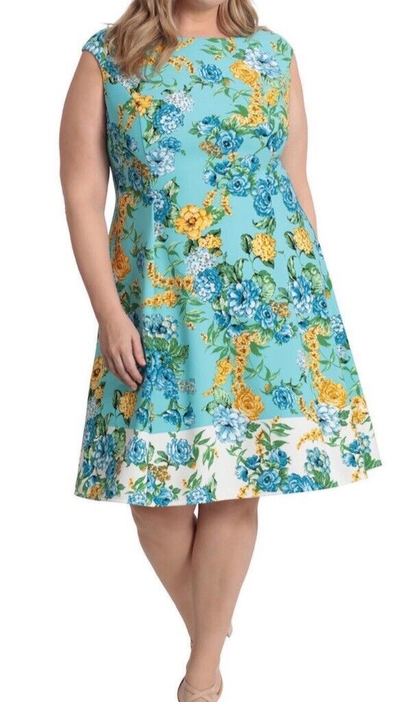 London Times Floral Aqua Shift Dress Sleeveless Retail $99 Size 24W NWT
