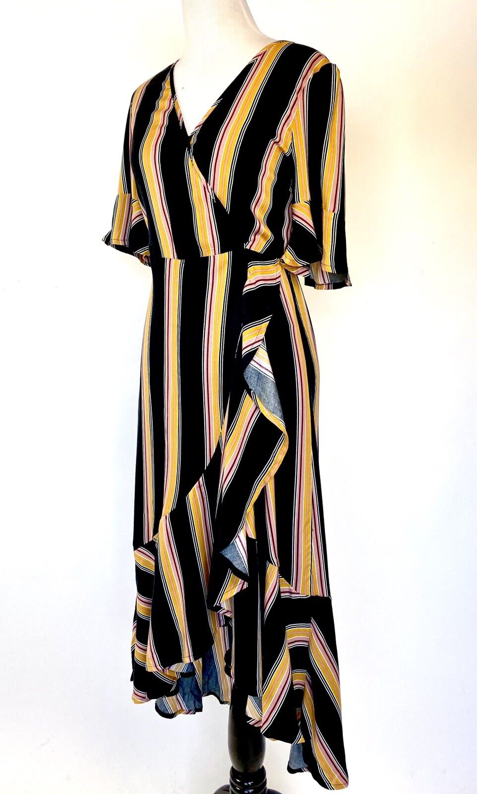 BAND OF GYPSIES Striped Ruffle Faux Wrap Dress NWT Retail $98 Price $39 XS
