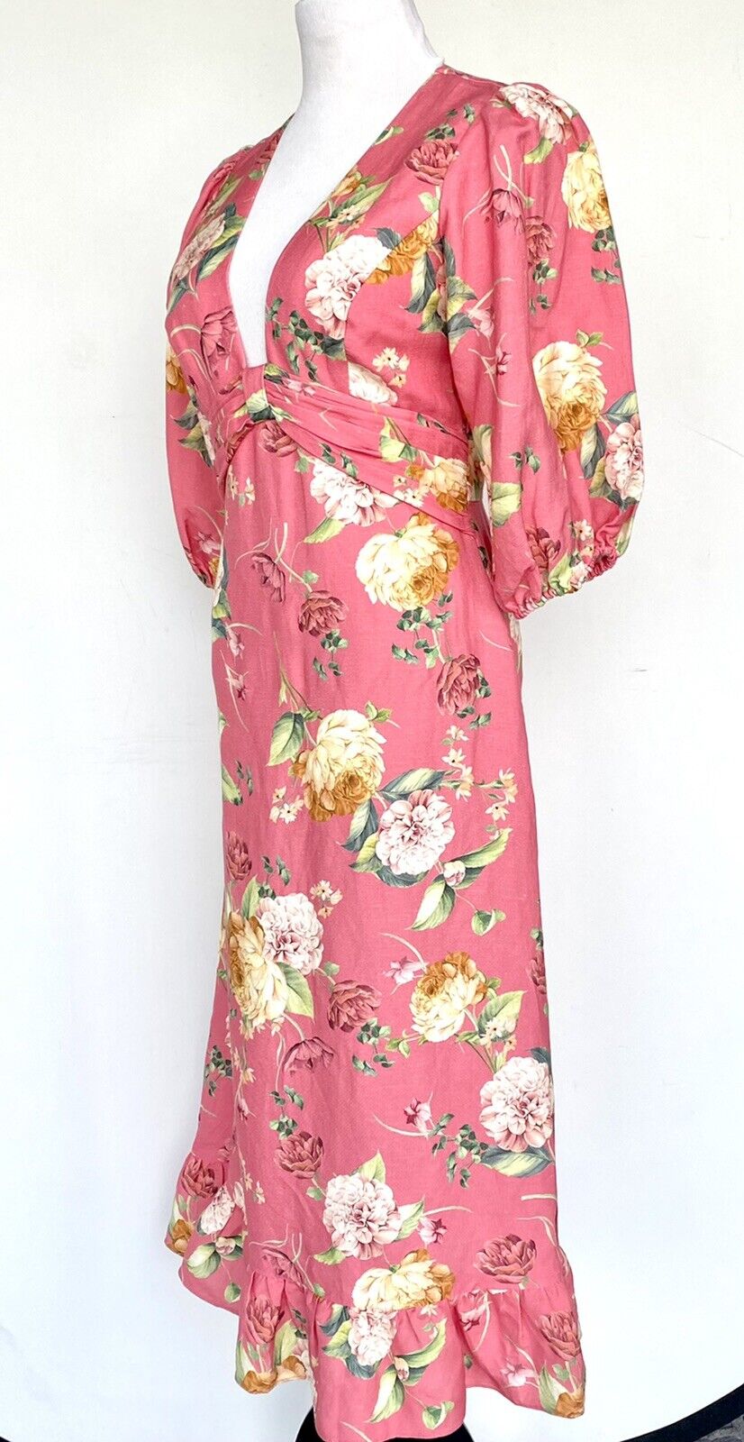 EVER NEW Cartier Linen Puff Sleeve Midi Dress Coral Retail $200 Price $124 Sz 10