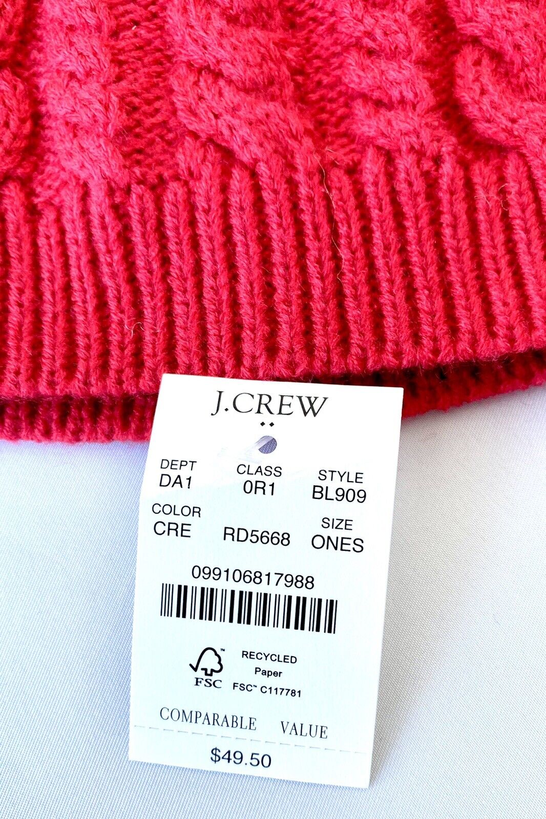 J Crew Black Red Knit Pom Pom Faux Fur Hat Retails $49.50 Price $28.50 NEW