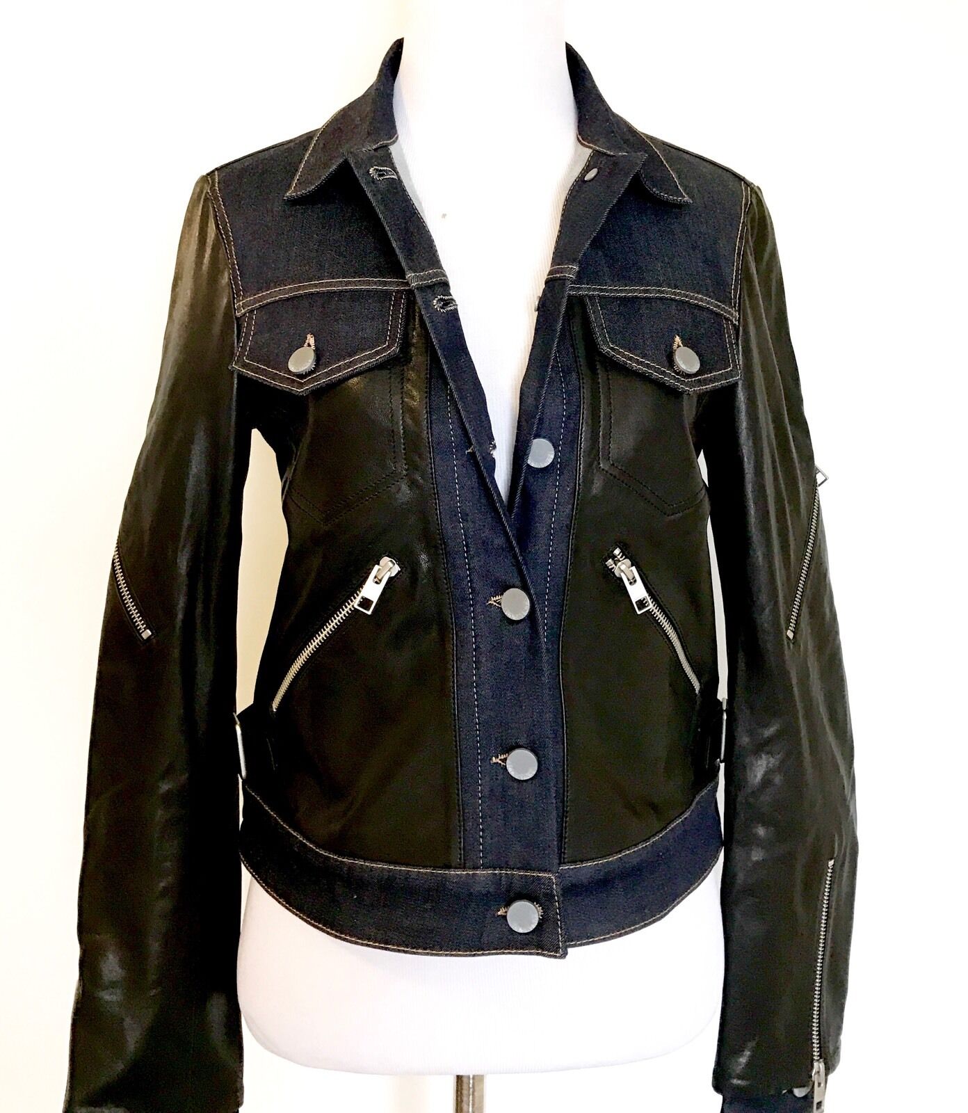 AllSaints Curtis Denim & Leather Biker Jacket NWT Retail $725 Price $395 Size 4