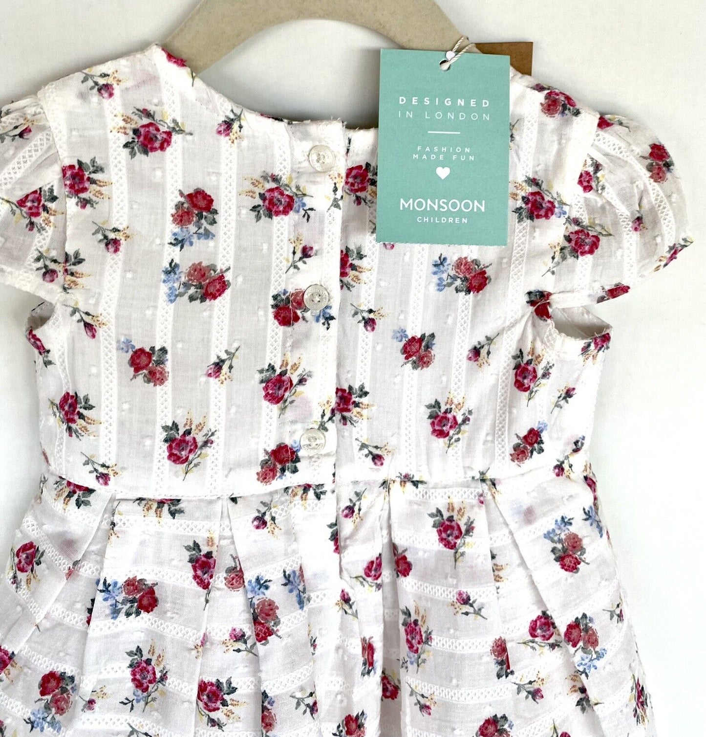 Monsoon London Rose Bow Dress Embroidery 6-12M Stitched Stripe Price $35