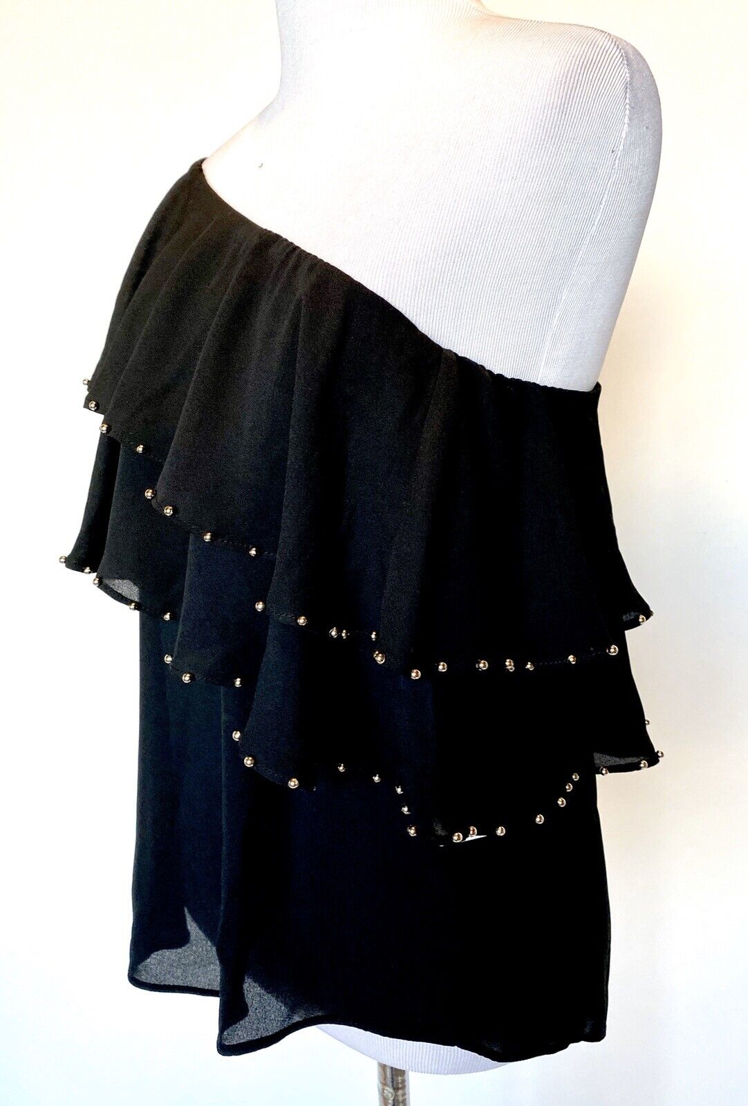 Black One Shoulder Chiffon Type Top Bead Edge. XS Retail $68 Price $22