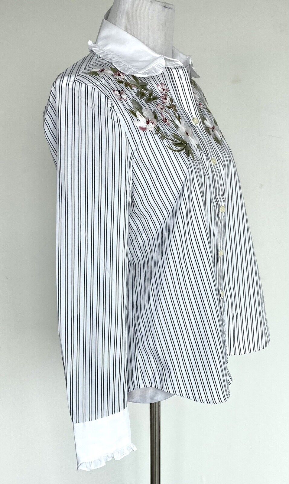 Kate Spade Embroidered Stripe Ruffle Shirt Retail $168 Price $69 Size XS NWT