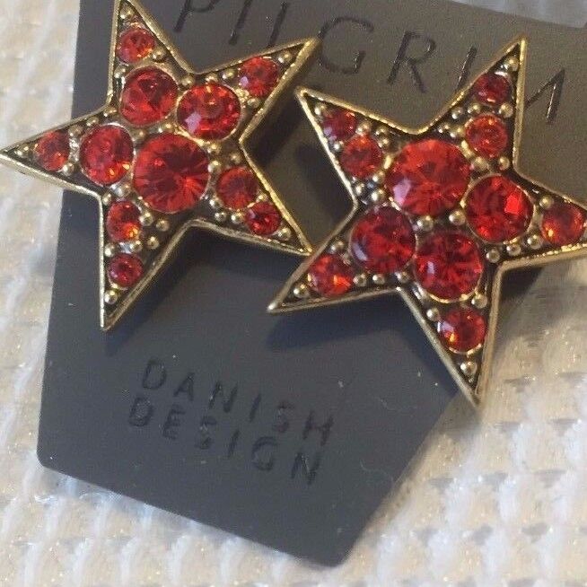 Pilgrim Jewelry Gold Plated Red Swarovski Crystal Star Earrings NWT Price $14