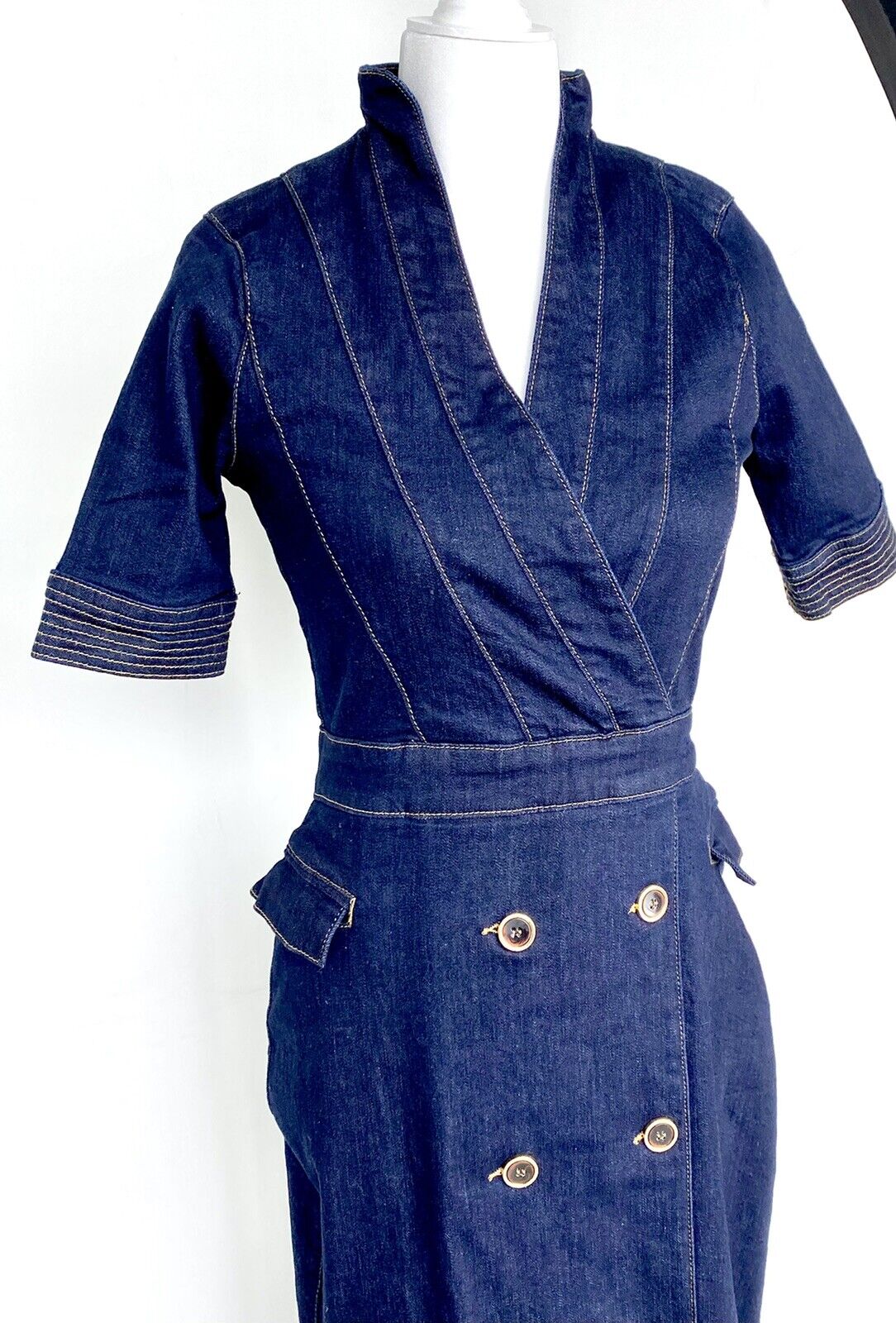 Karen Millen Gold Button Stretch Denim Pencil dress US 2 Retail $232 Price $169