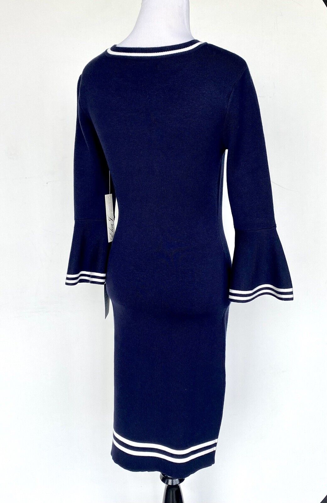 Eliza J Bell Sleeve Navy & White Knit Sheath Dress Retail $148 Price $74 XS NWT