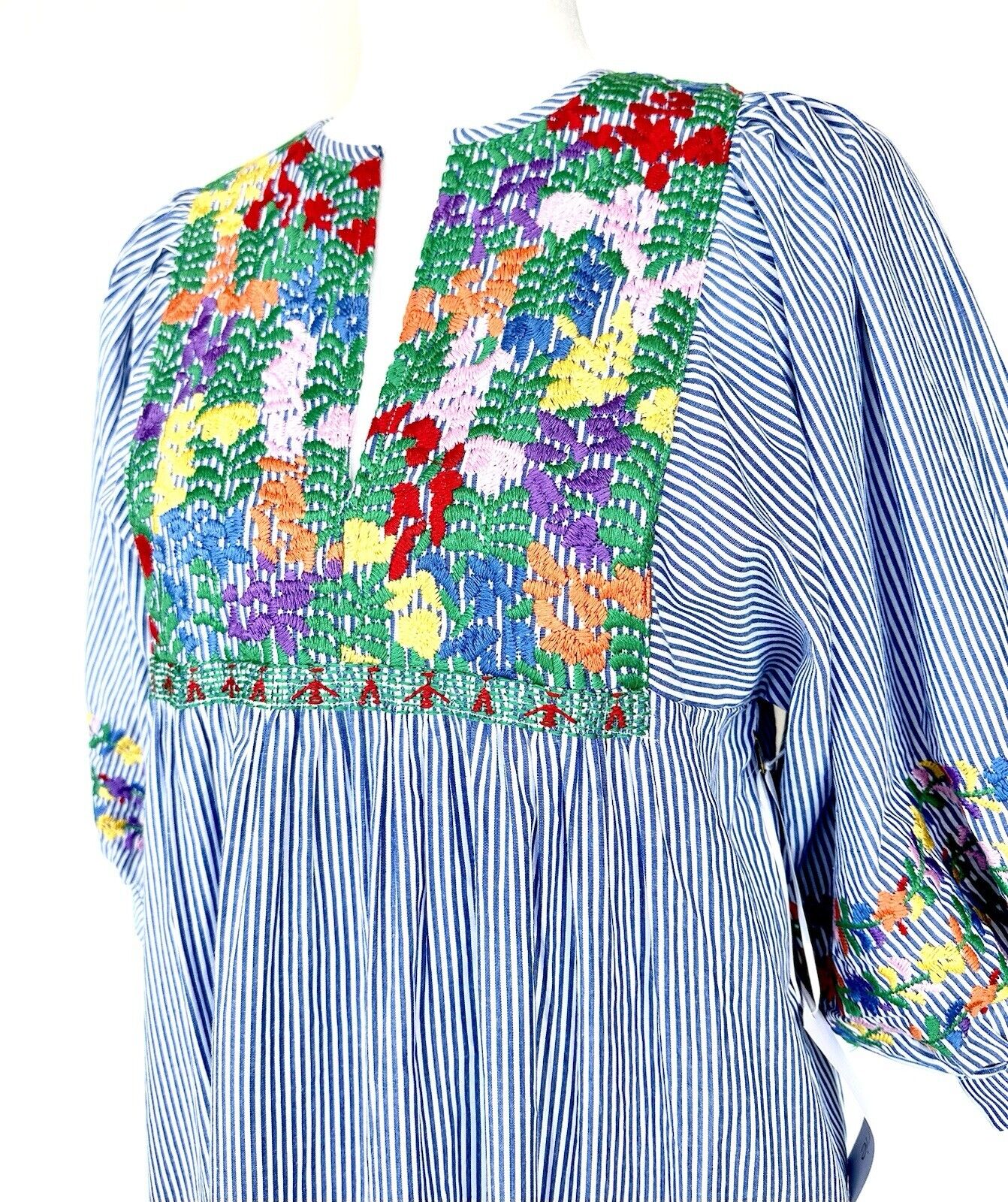 J Marie embroidered Tristan MIDI Dress size M Retail $180 Stripe 3/4 Sleeve NWT