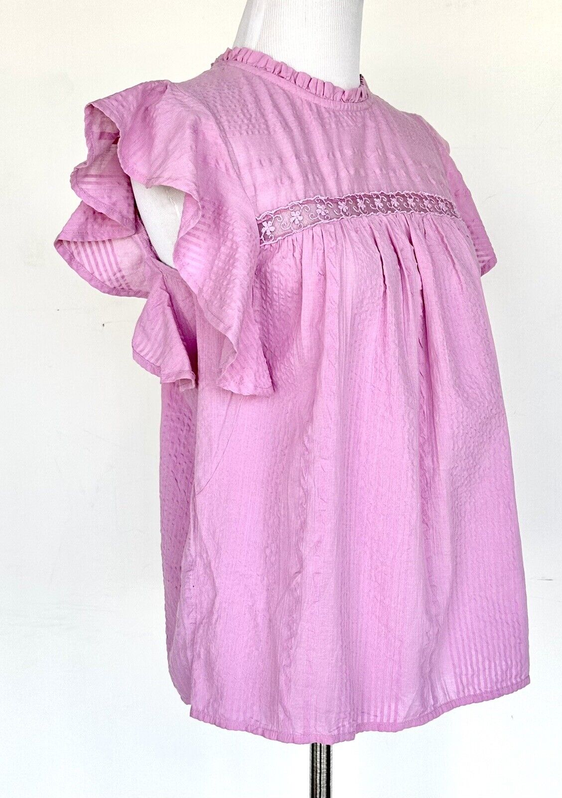 Anthropologie Rahi Pink Flutter Sleeve Lace Insert Top Retail $70 Price $44 XS