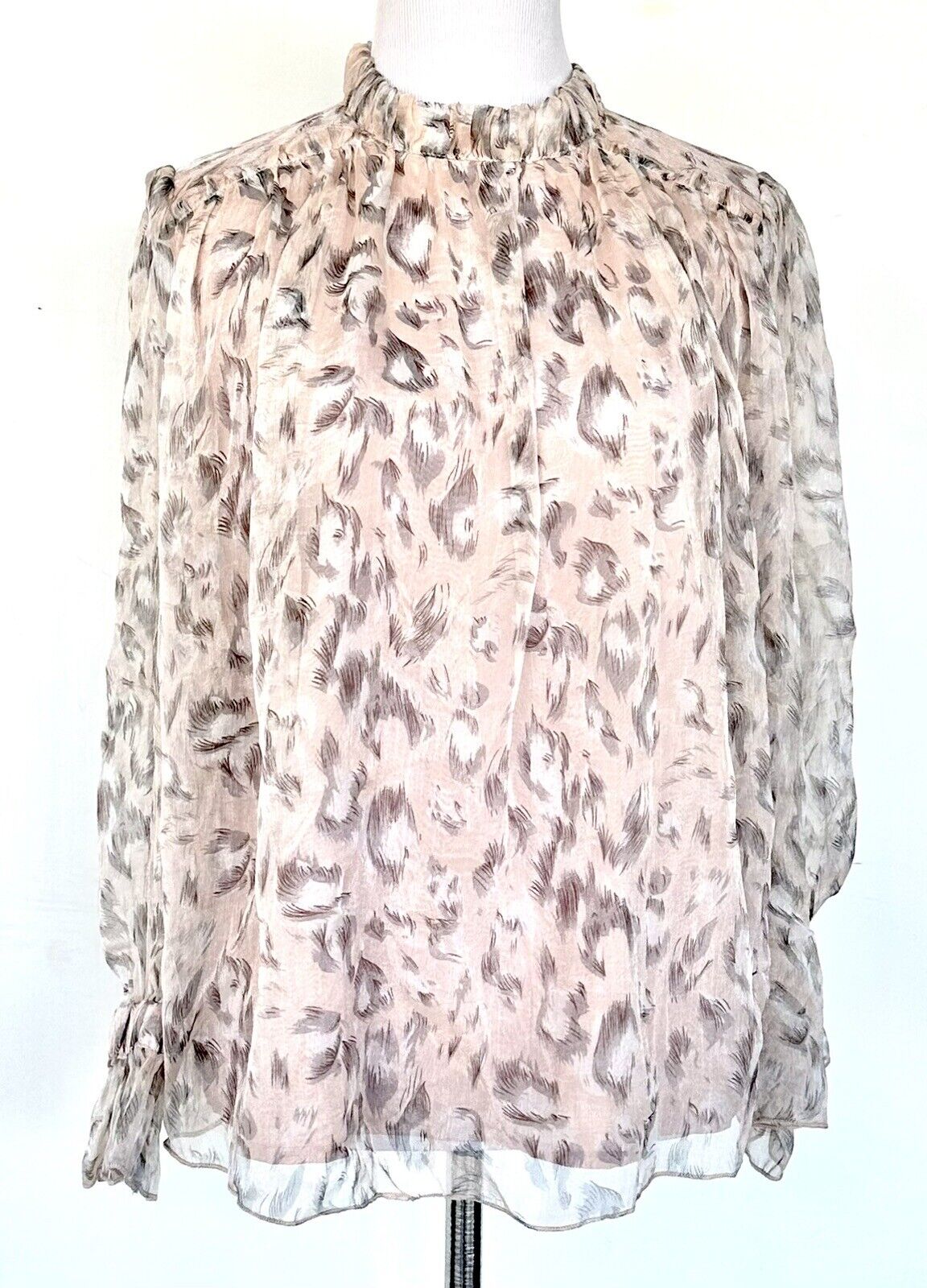 TCEC Chiffon Animal Print Peach Blouse Price $38 Ruffle Neck Size Small