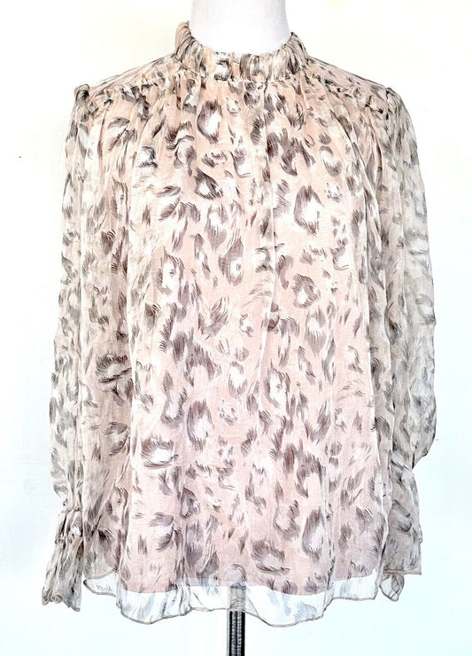 TCEC Chiffon Animal Print Peach Blouse Price $38 Ruffle Neck Size Small