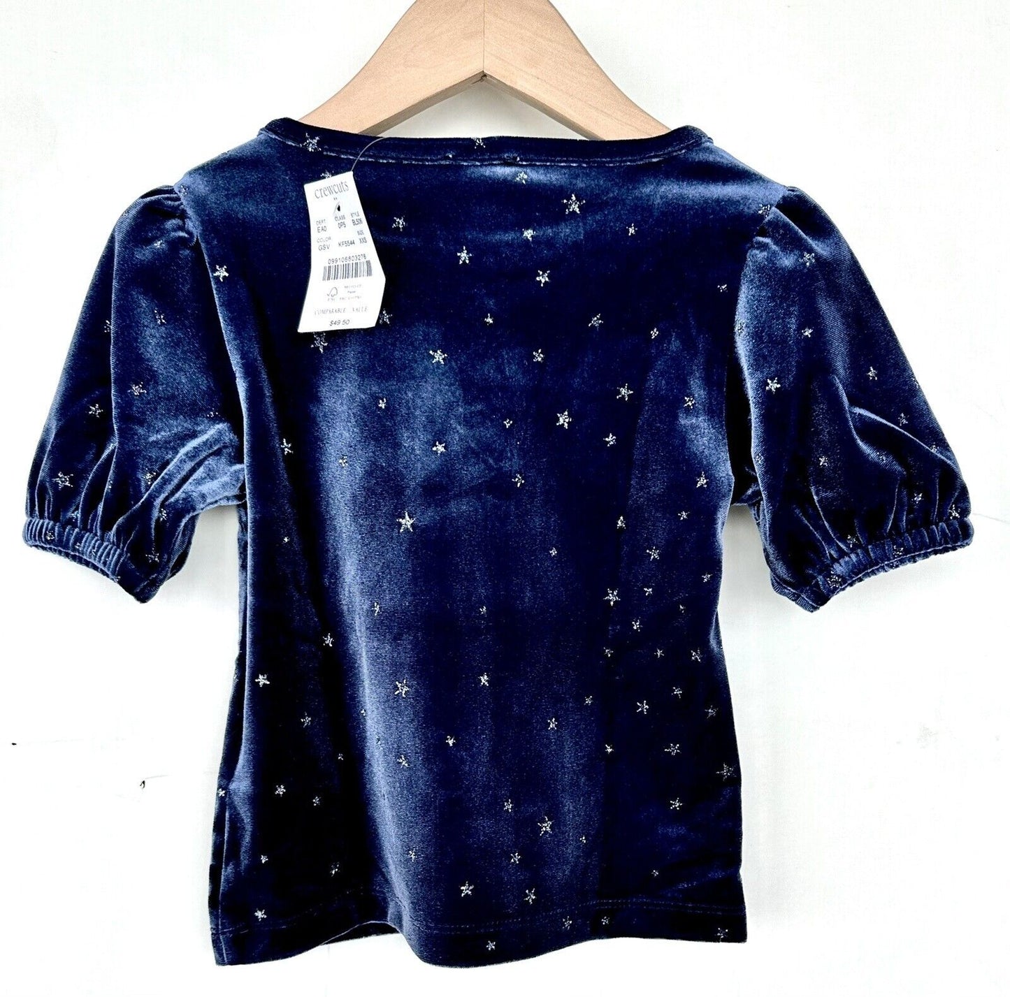 J Crew Blue Velvet Puff Sleeve Glitter Star Top Retails $49.50 Age 2-3 XXS NWT