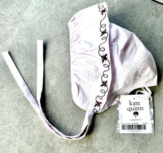 Kate Quinn Embroidered Bonnet 3-6 Months Orchid Ice Pale Pink Organic Cotton