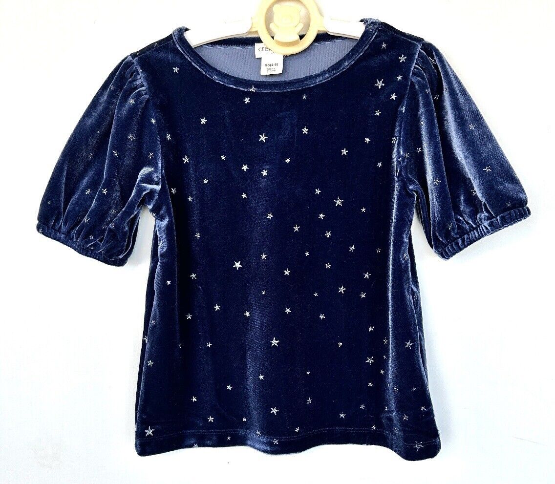 J Crew Blue Velvet Puff Sleeve Glitter Star Top Retails $49.50 Age 4-5 XS NWT