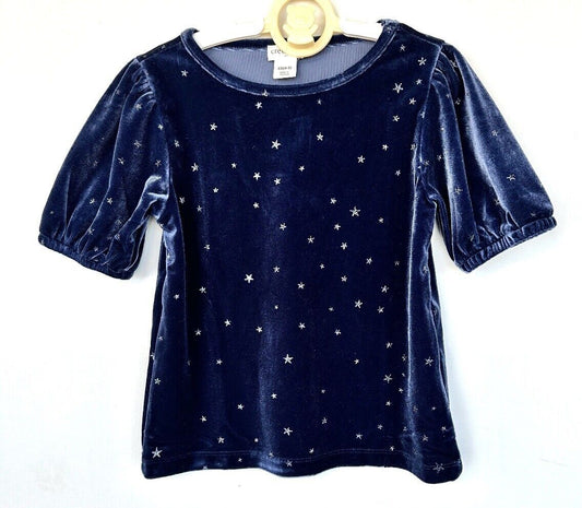J Crew Blue Velvet Puff Sleeve Glitter Star Top Retails $49.50 Age 4-5 XS NWT