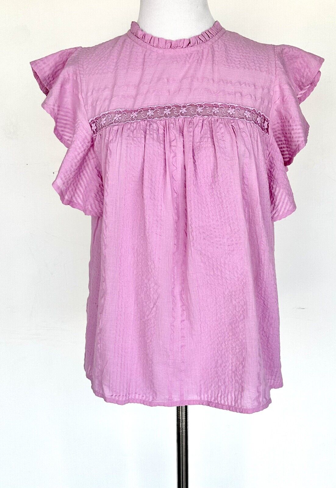 Anthropologie Rahi Pink Flutter Sleeve Lace Insert Top Retail $70 Price $44 XS