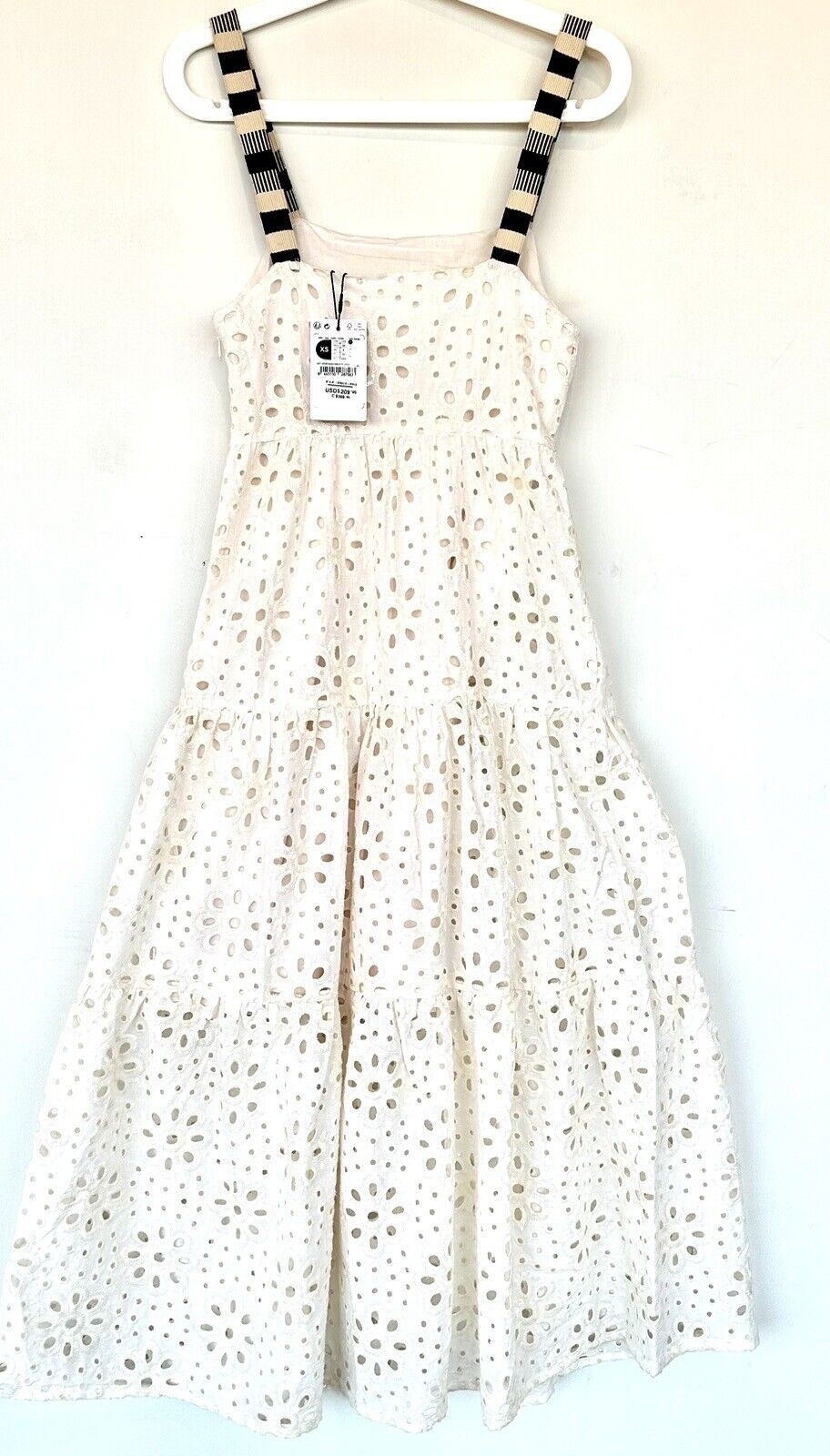 Desigual Eyelet Cream Midi Tiered Dress Retail $209 Sequin Detail XS