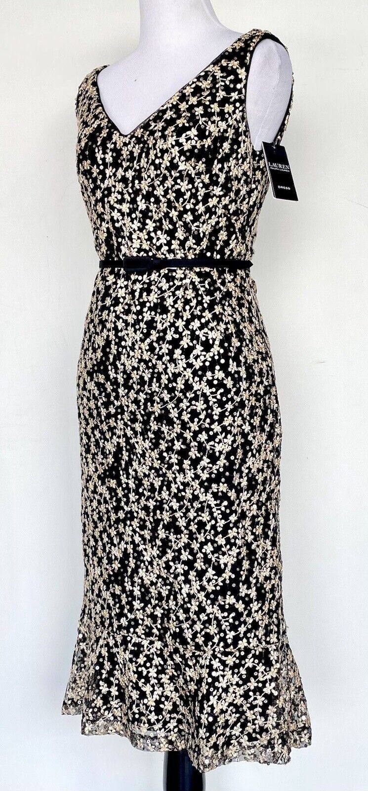 LAUREN RALPH LAUREN Black Gold Embroider Sequin Dress 2 Retail $265 Price $89