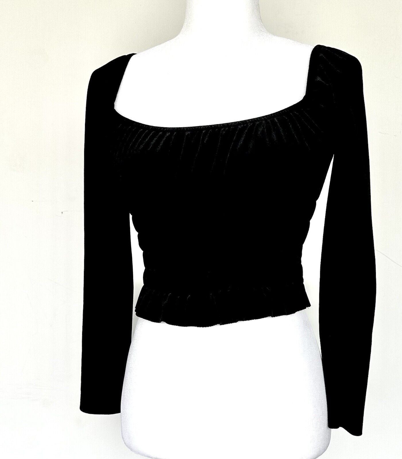 Aqua Velvet Smocked Crop Long Sleeve Top Square Neck Size XS