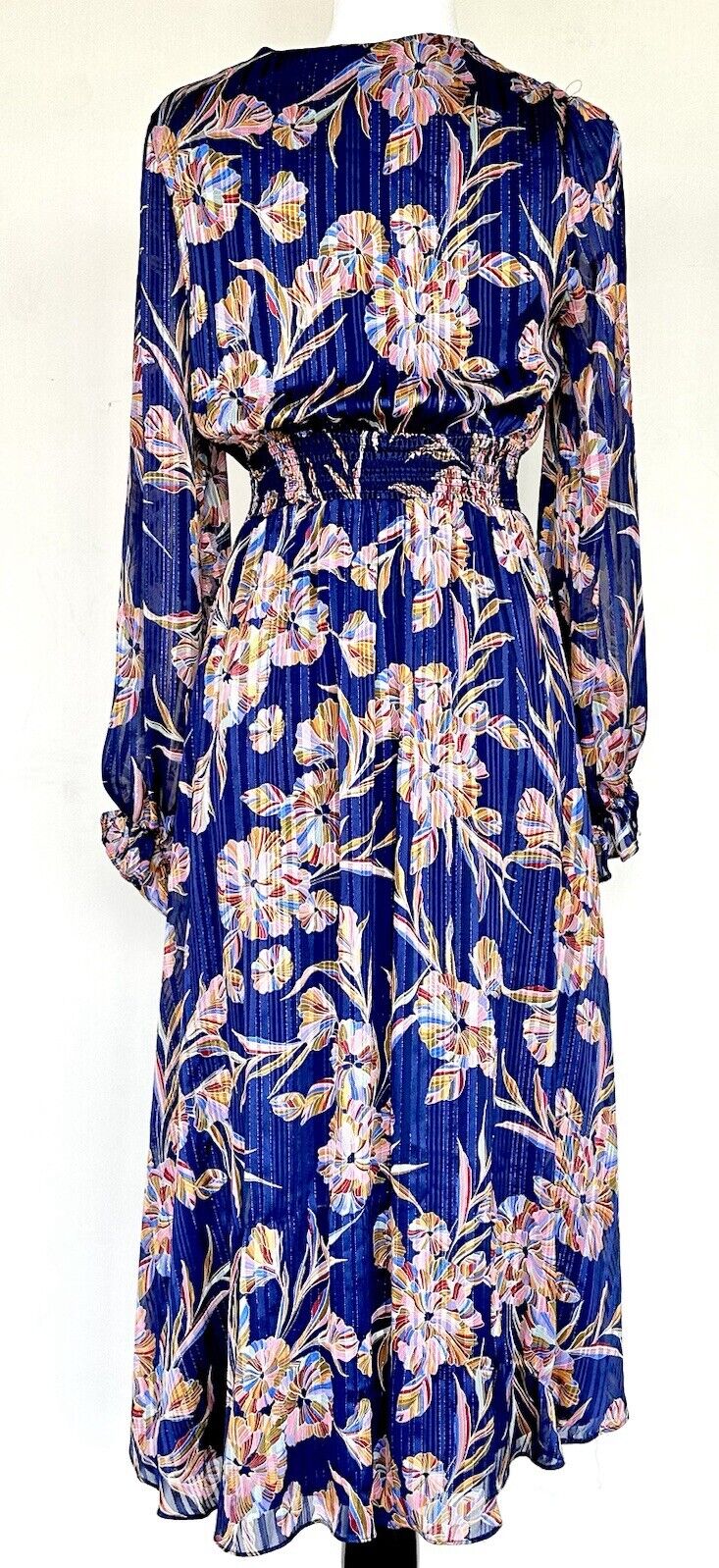 Laundry By Shelli Segal Blue Floral Metallic Stripe Dress