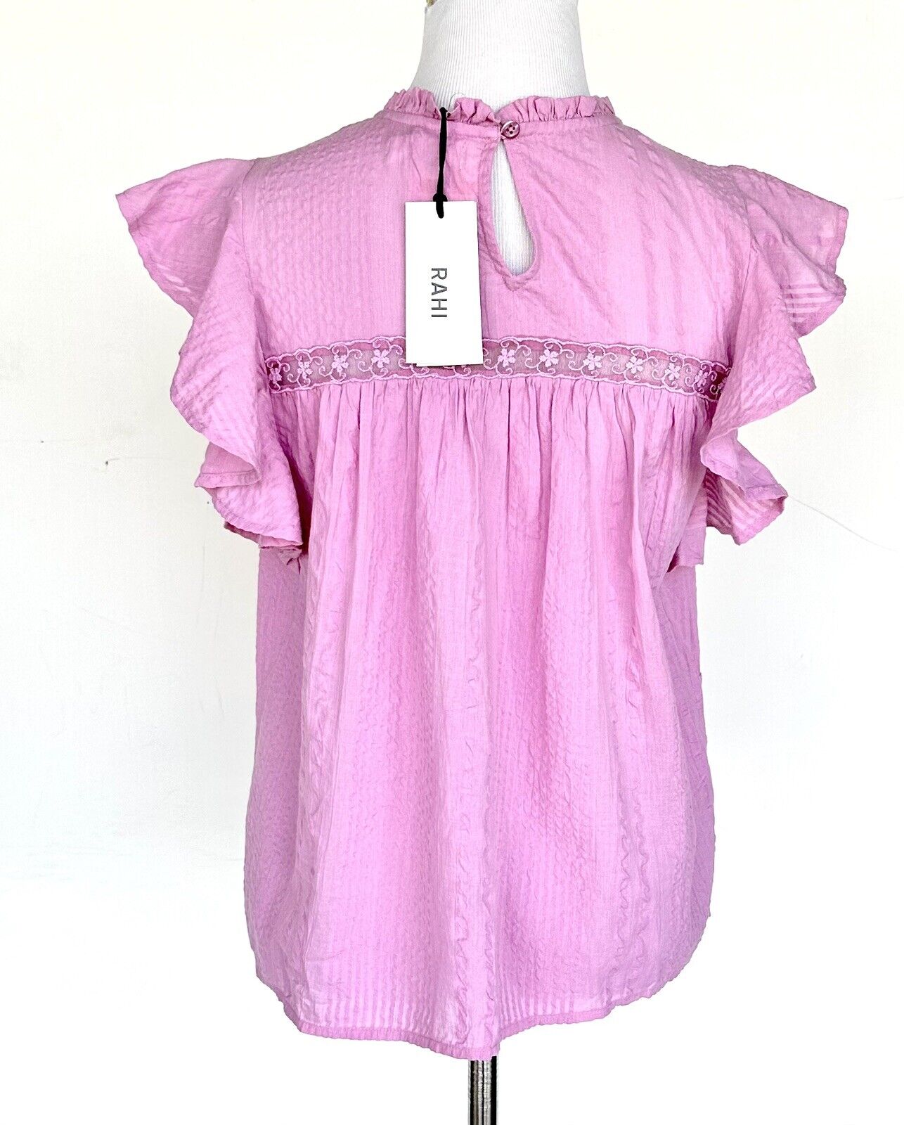 Anthropologie Rahi Pink Flutter Sleeve Lace Insert Top Retail $70 Price $44 XS