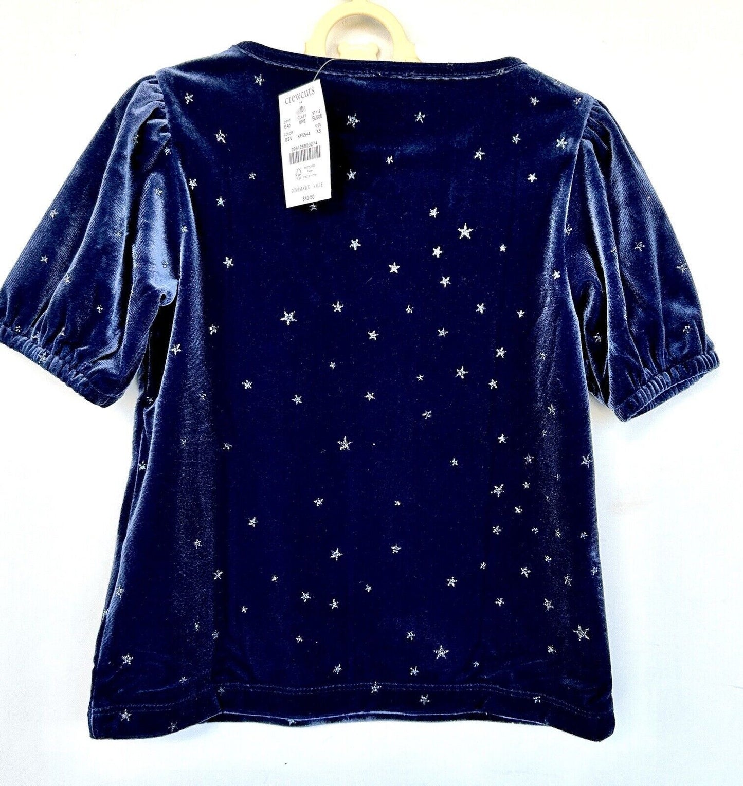J Crew Blue Velvet Puff Sleeve Glitter Star Top Retails $49.50 Age 4-5 XS NWT