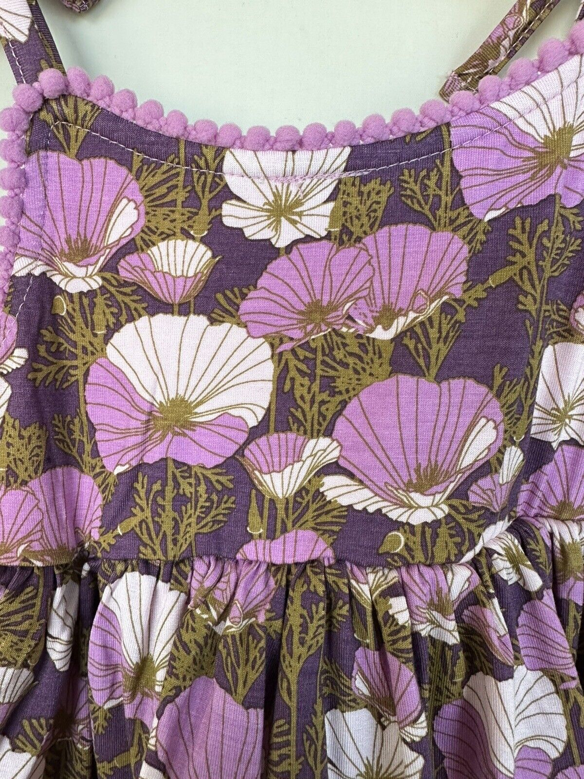 Kate Quinn Ruffle Tier Pom Pom Dress Purple Pansies $33 3-6M NEW Bamboo