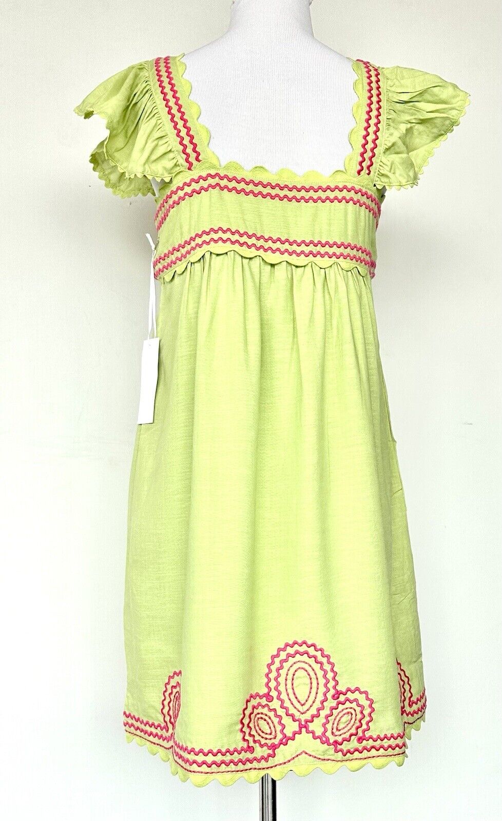 J Marie Lime Pink Hailey Dress Retail $128 Flutter Strap Embroidered Linen Mix