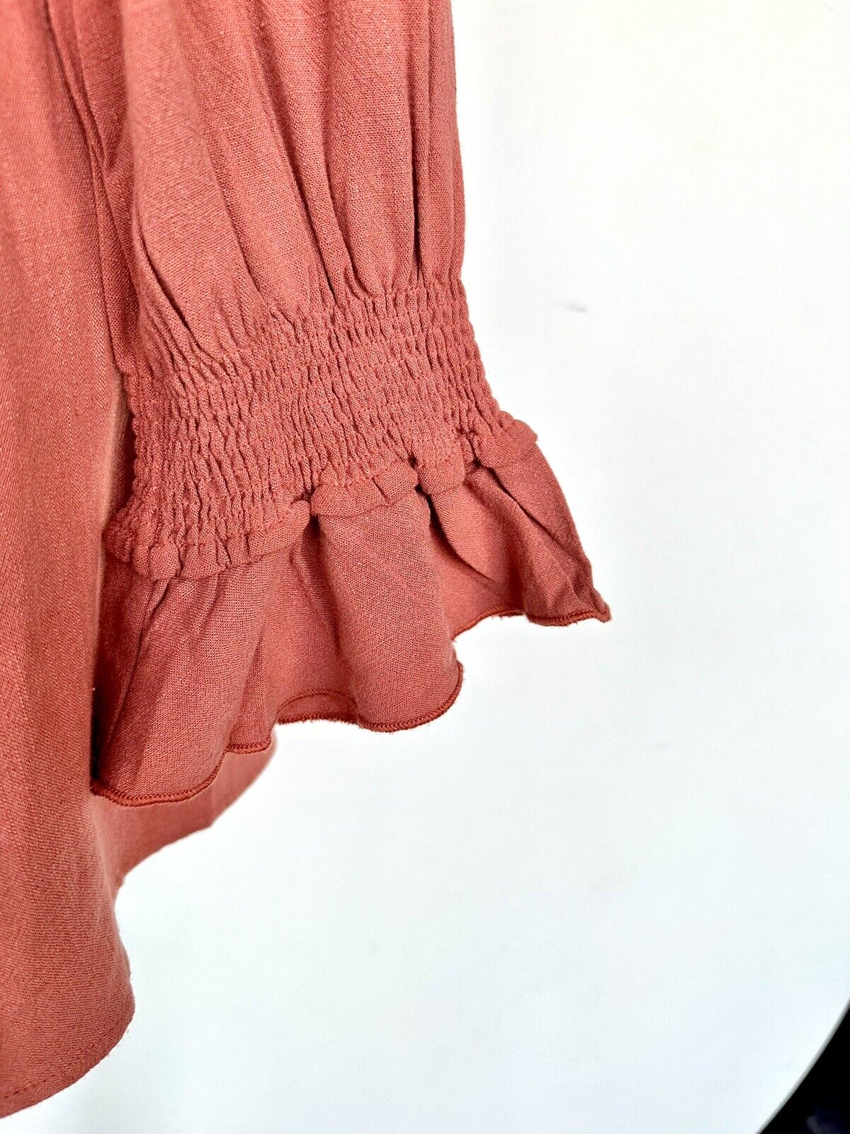 Paisley Vine Linen Mix Ruffle Neck Tunic Top Rust NWT $58 Smocked Cuff Medium