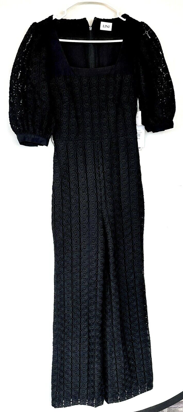 Lini Black Square Neck Crochet Lace Jumpsuit Retails $328 XS  NWT