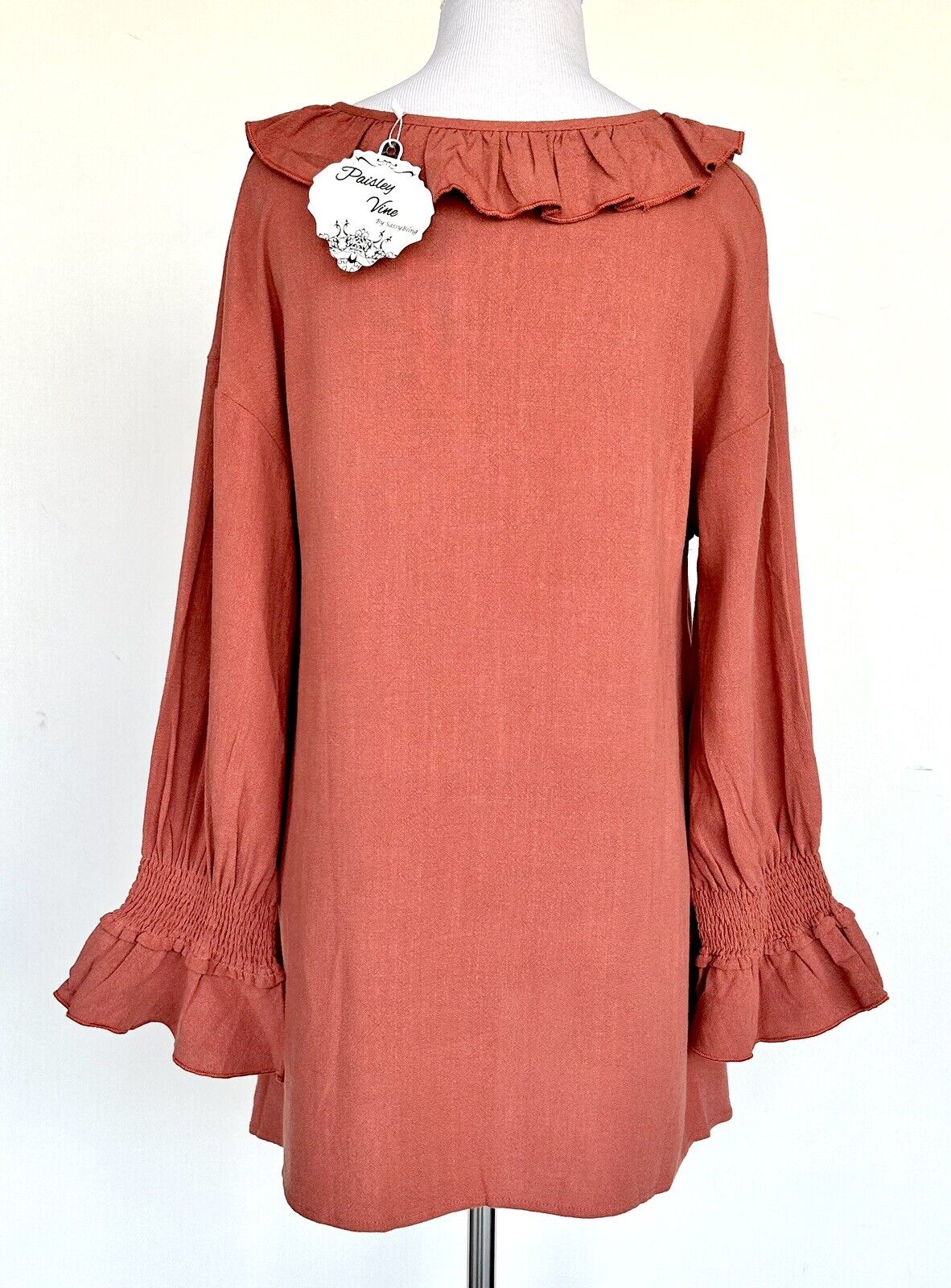 Paisley Vine Linen Mix Ruffle Neck Tunic Top Rust NWT $58 Smocked Cuff Small