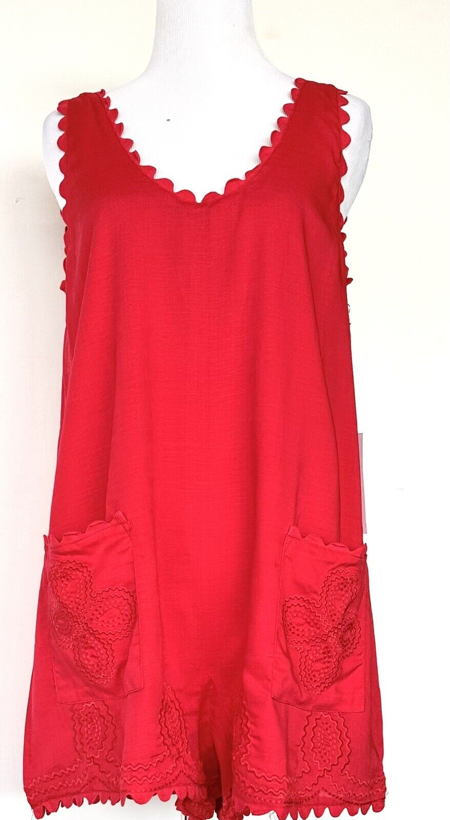 J Marie Swift Embroidered Romper Red Cotton Linen Mix Retail $124 S