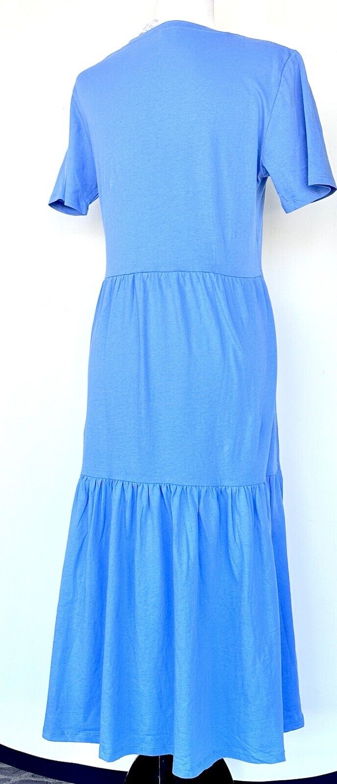 J Crew Blue Tiered SS Midi Dress Size S Retail $59.50 V Neck
