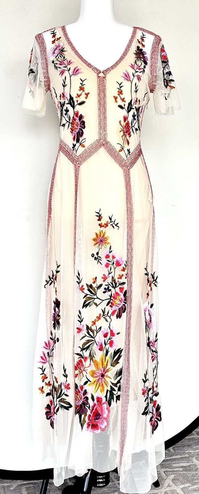 Sundance Garden Soirée Dress Embroidered Mesh Top Layer Retail $268 Champagne XS