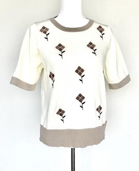 DDD Retro Style Knitted Sweater Short Sleeve Embroidered Size M