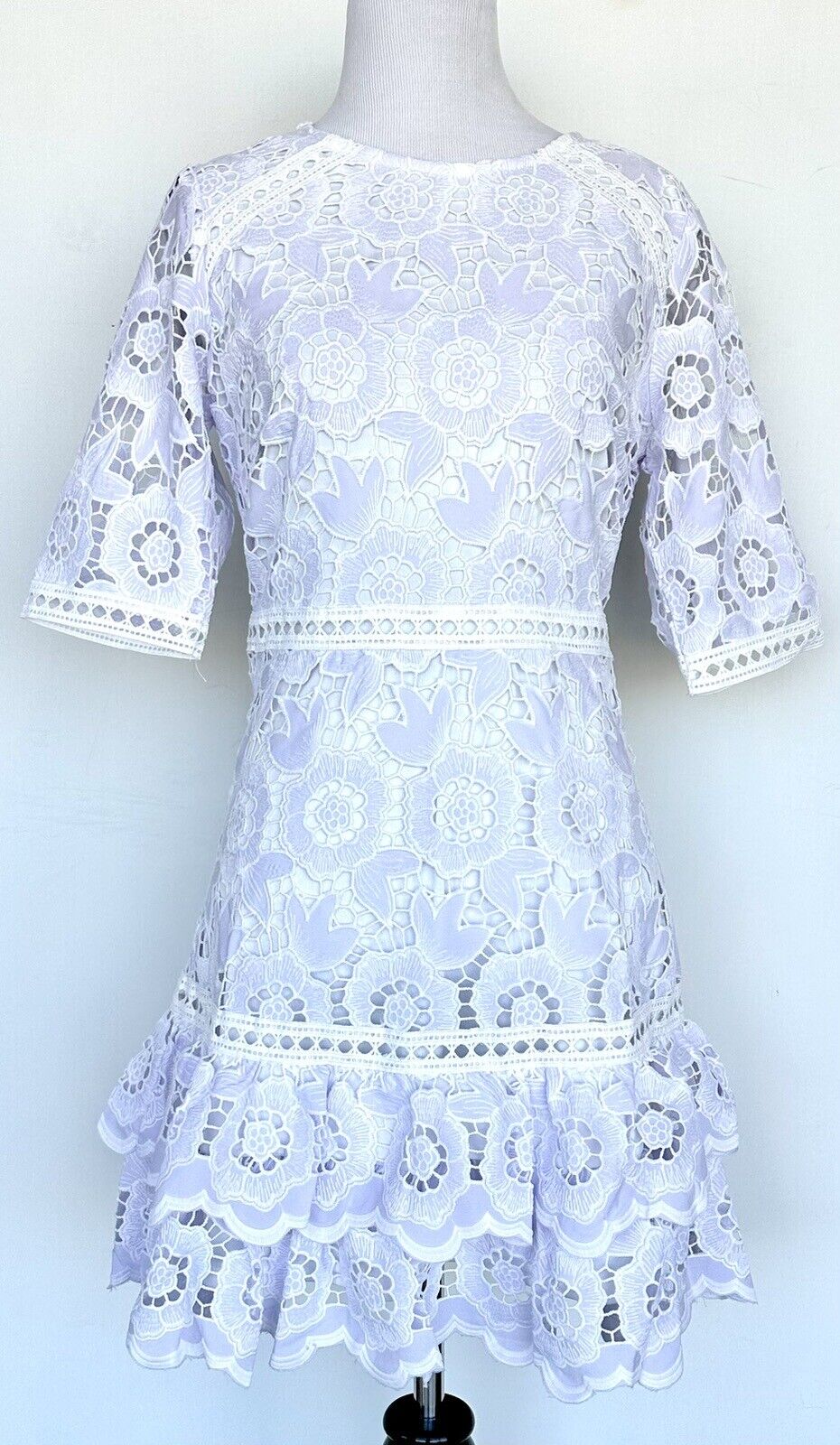 Just Me Pale Lavendar White Lace Dress Price $88 Size S NWT Ruffle Hem