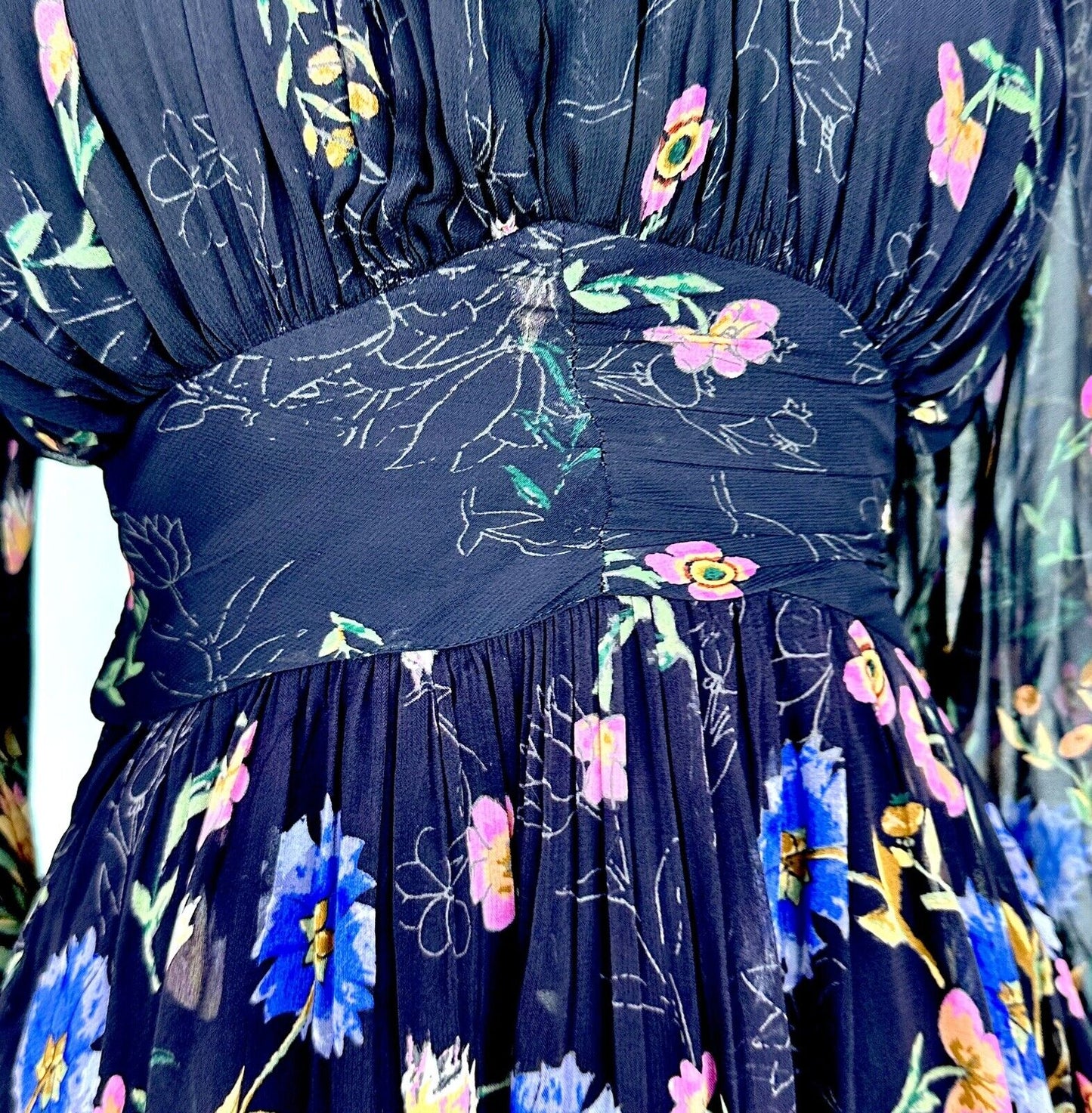 Anthropologie Black Chiffon Floral Dress 0P Retail $170 price $85 NWT