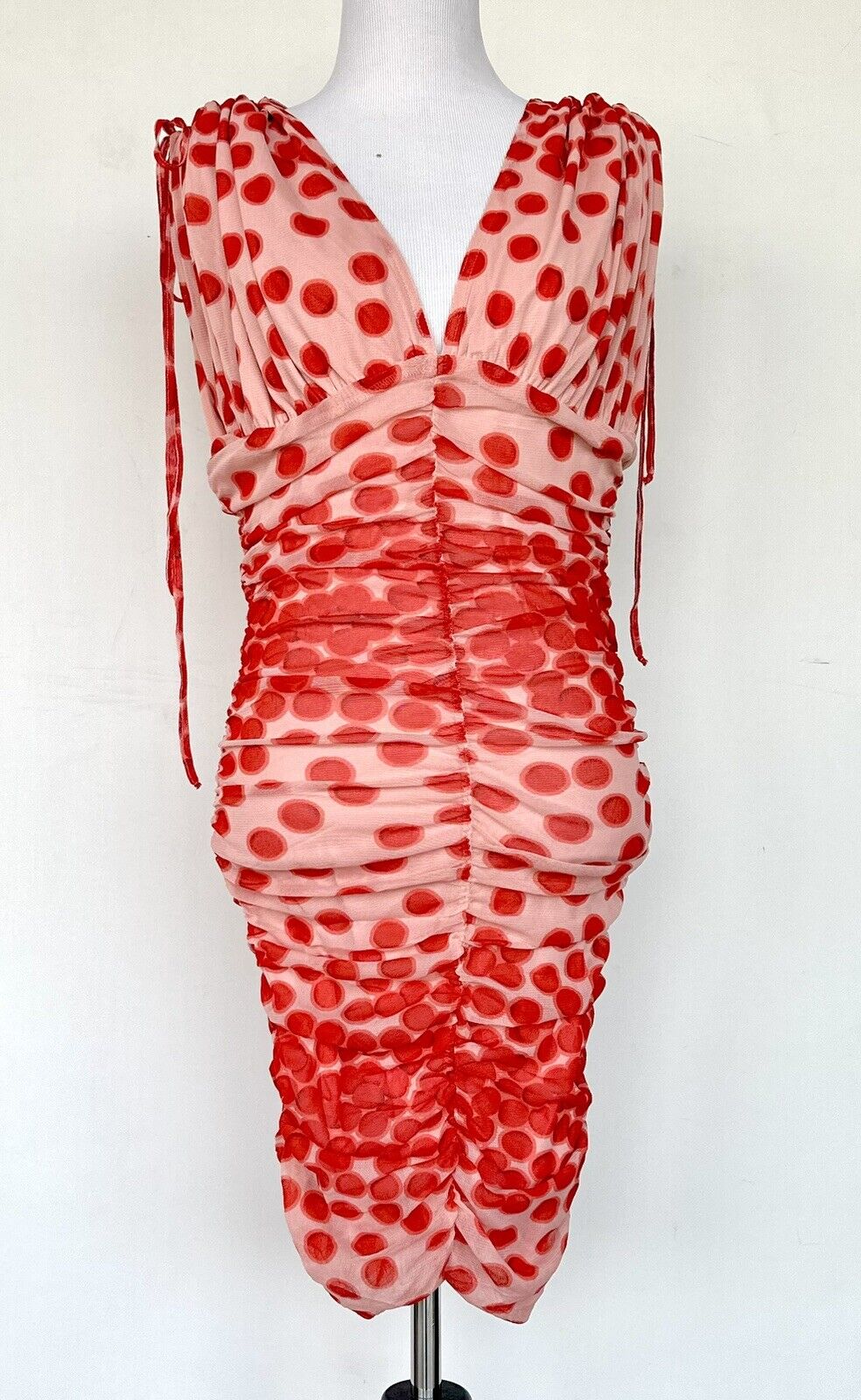 Vertigo Spot Mesh Overlay Dress Size S Ruched Retail $210 NWT Adjustable