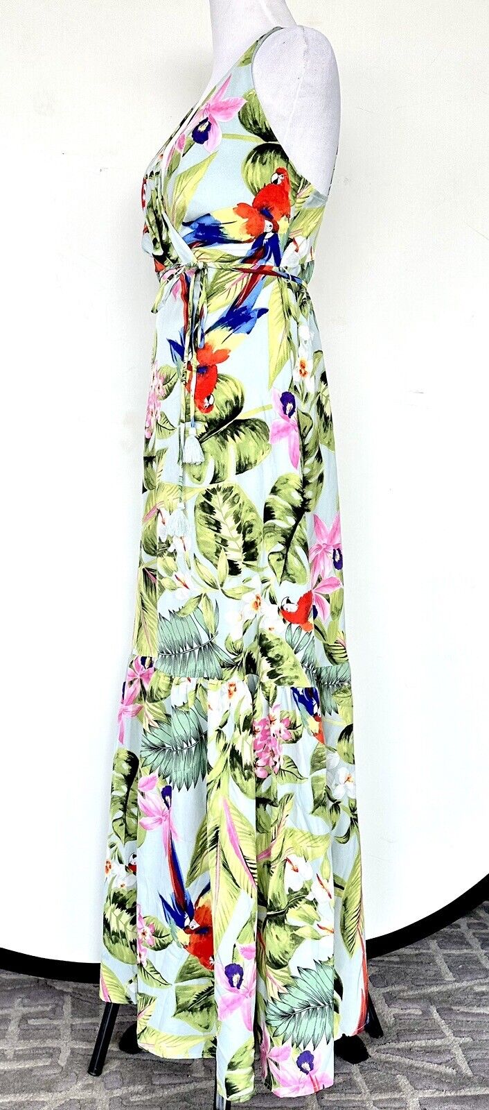 AaKaa Sage Exotic Getaway Tropical Print Maxi Dress Small Price $55