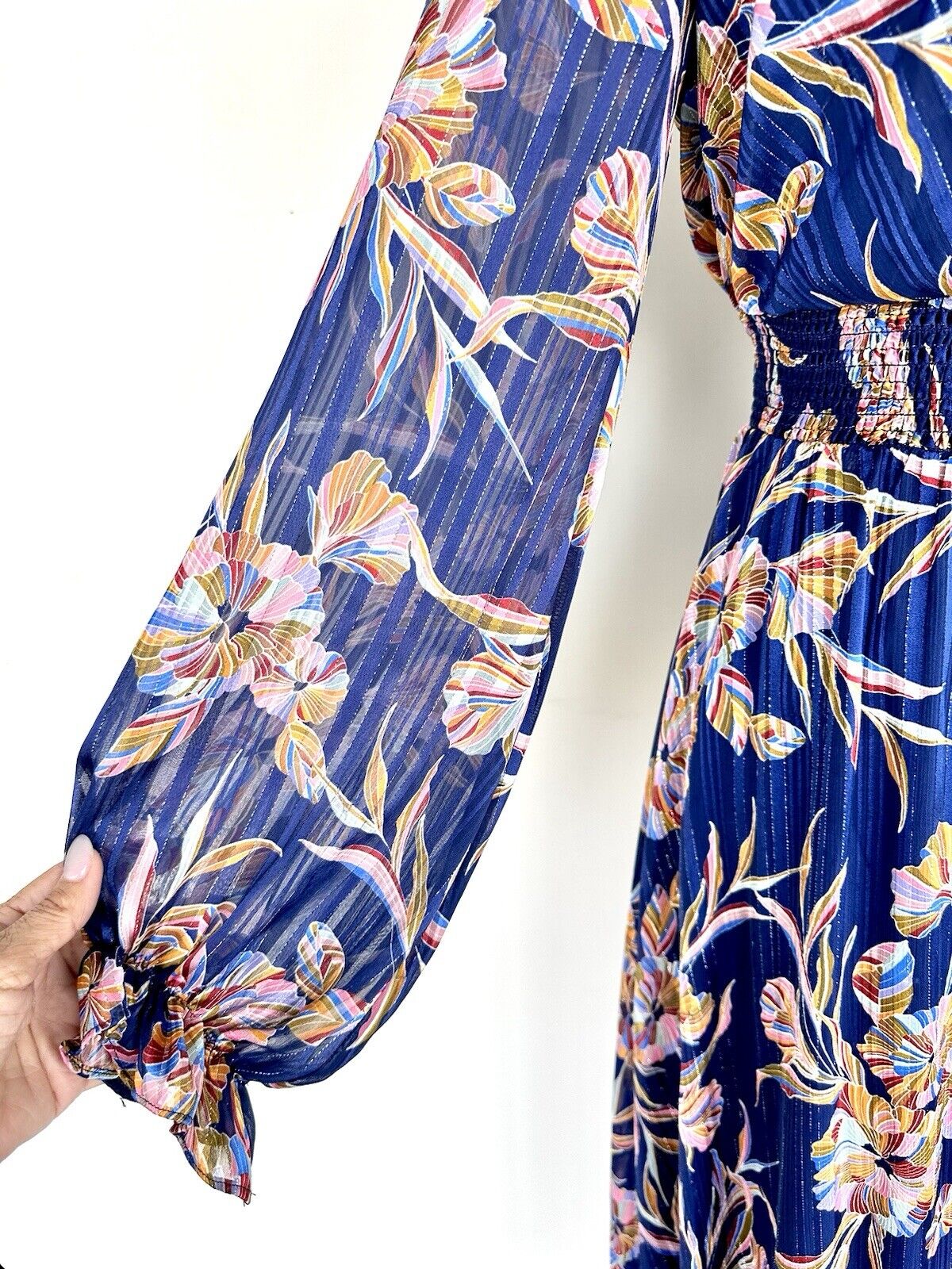Laundry By Shelli Segal Blue Floral Metallic Stripe Dress