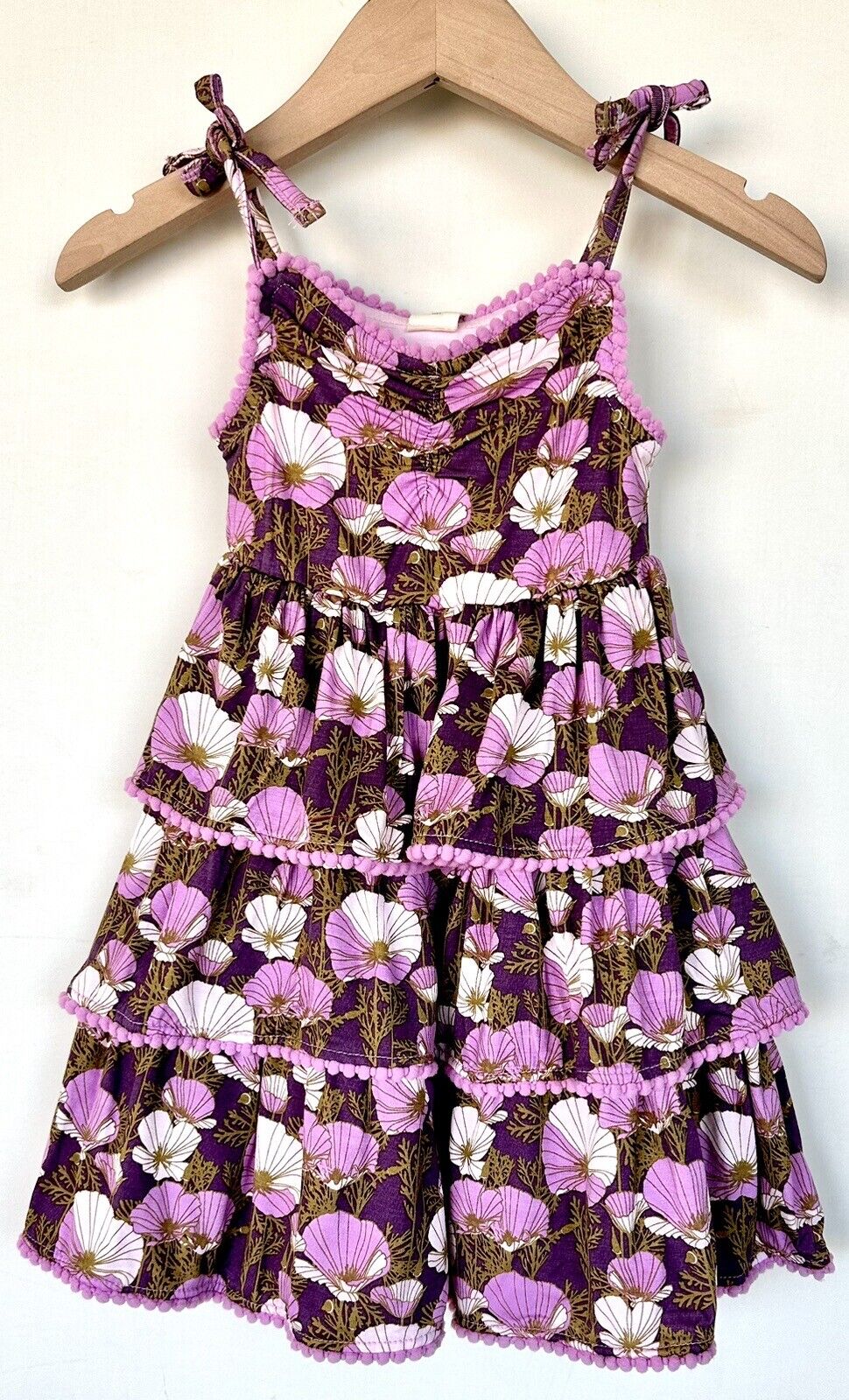 Kate Quinn Ruffle Tier Pom Pom Dress Purple Pansies $33 3-6M NEW Bamboo