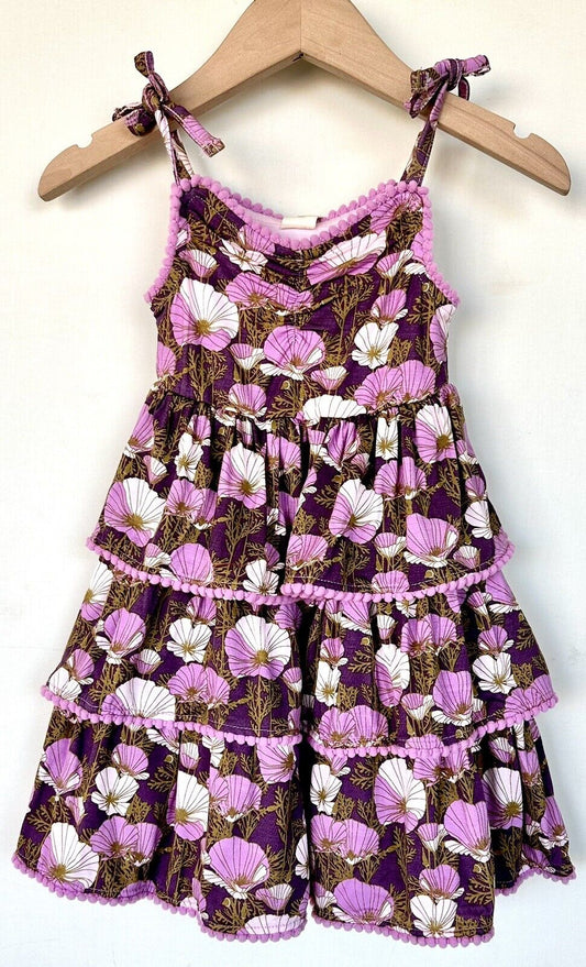 Kate Quinn Ruffle Tier Pom Pom Dress Purple Pansies $33 3-6M NEW Bamboo