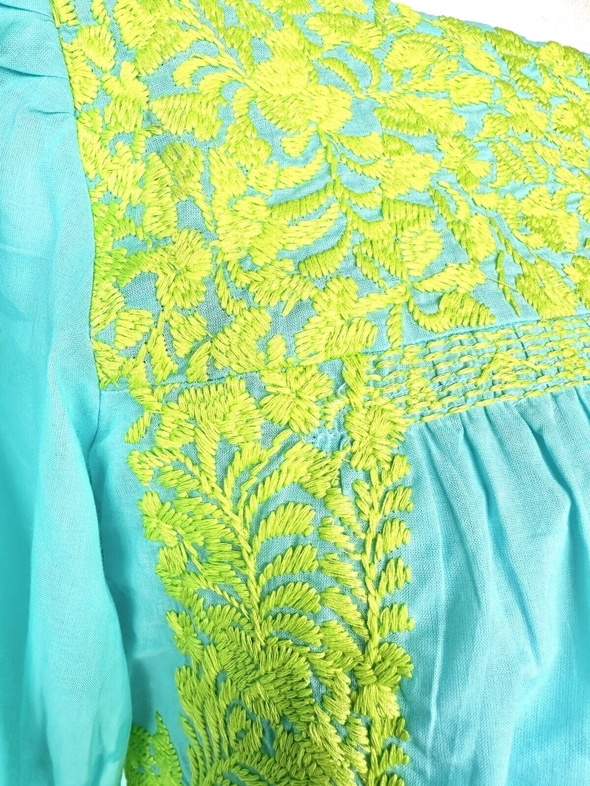 J Marie embroidered Cove Top Sz XS NWT Aqua Blue Puff Sleeve Retails $118